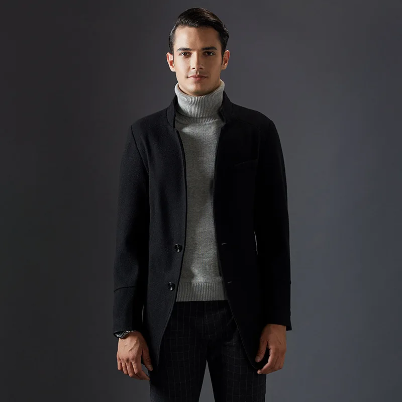

New Long Thick Warm Mens Wool Winter Coat Jackets Fashion Stand Collar Overcoat For Man