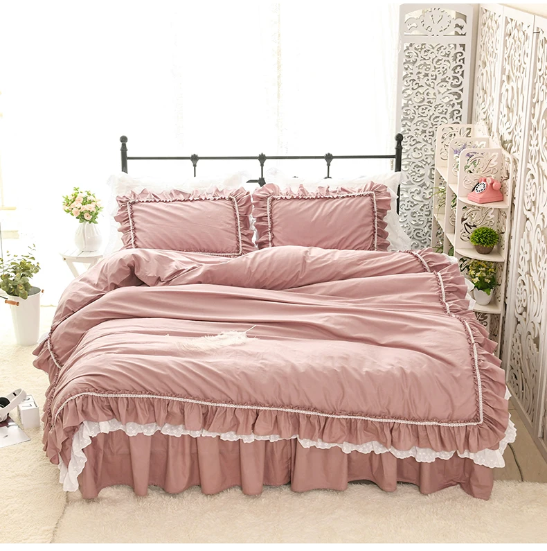 Korean version of the bed skirt style cotton lace embroidered quilt cover solid color princess girl heart bedding | Дом и сад