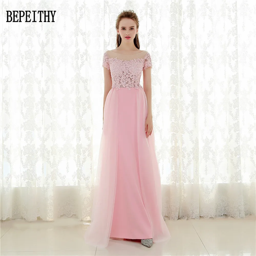 Женское вечернее платье с коротким рукавом BEPEITHY розовое шифоновое длинное