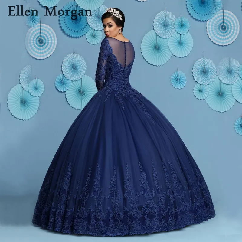 Темно-синие Бальные платья для Quinceanera 2020 милые кружевные до пола с длинным