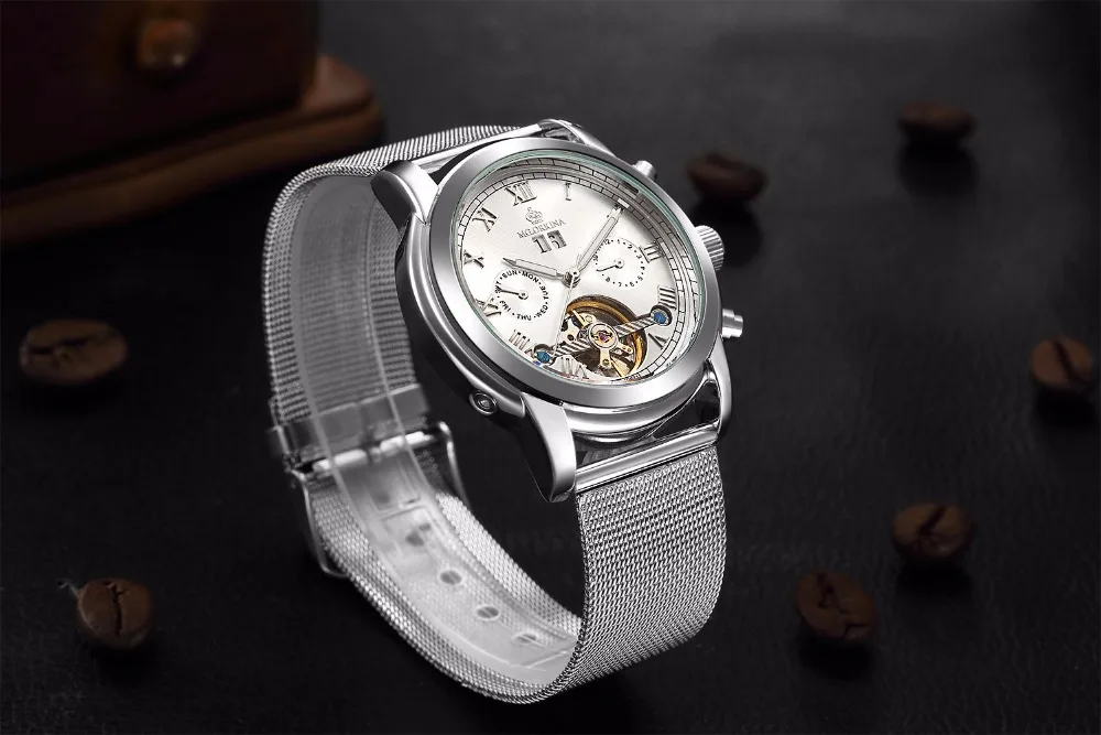 Модные Повседневные Мужские часы от ведущего бренда Orkina, Мужские автоматические механические часы с турбийоном, часы с серебристым сетчатым ремешком, reloj hombre