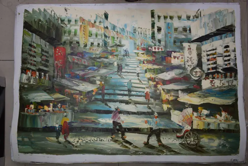 

Oil Paintings Hand painted Old HongKong Stree Landscape Wall Art Picture for Living room Canvas Paintings Abstract