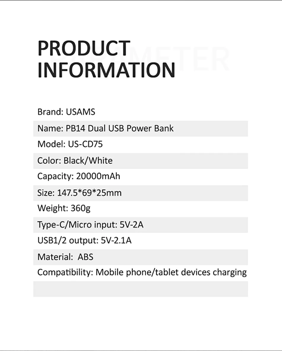 USAMS 20000mAh power Bank 2.1A быстрая зарядка банк питания для iPhone samsung Xiaomi Двойной вход и выход Внешняя батарея повербанк