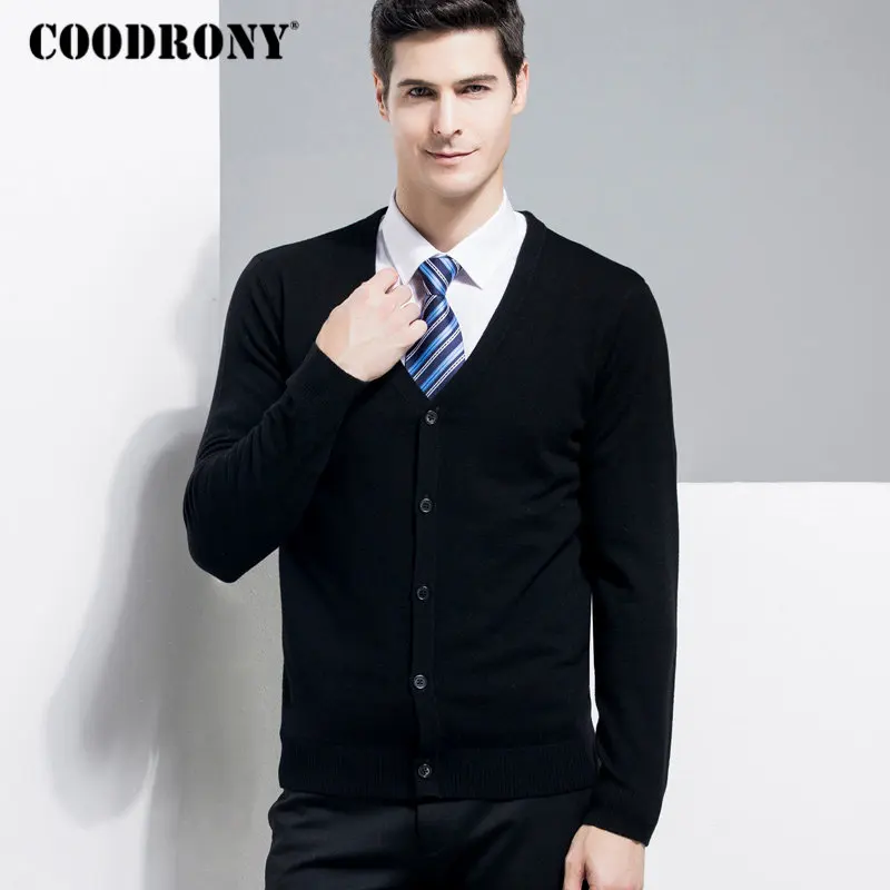 COODRONY, свитер из мериносовой шерсти, Мужской Классический Повседневный Кардиган с v-образным вырезом, мужская одежда, Осень-зима, кашемировые мужские свитера, пальто 8331 - Цвет: Черный