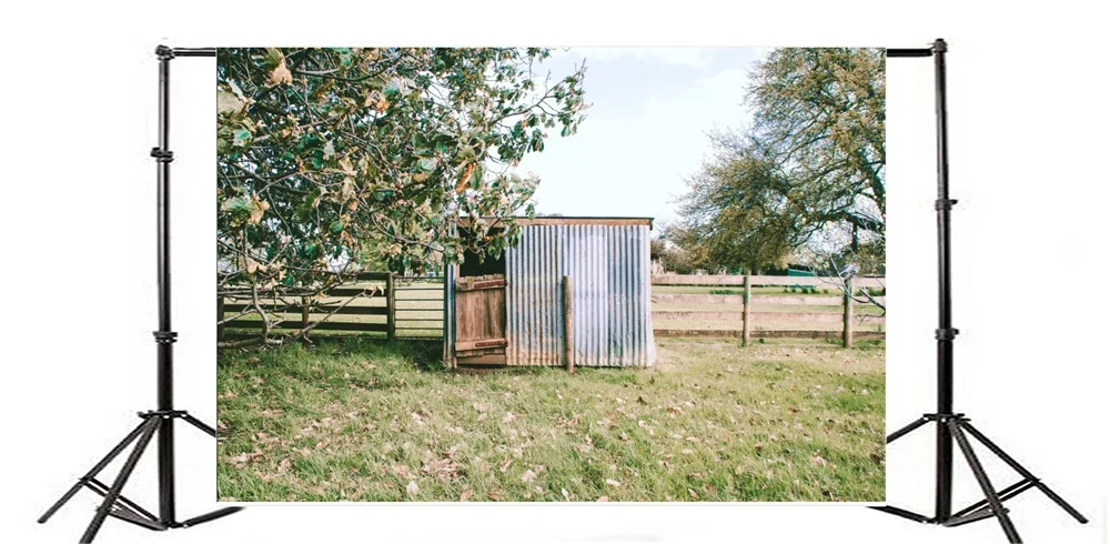Laeacco Simple Wooden House Fence Grassland Scenic Photographic Backgrounds Customized Photography Backdrops For Photo Studio |