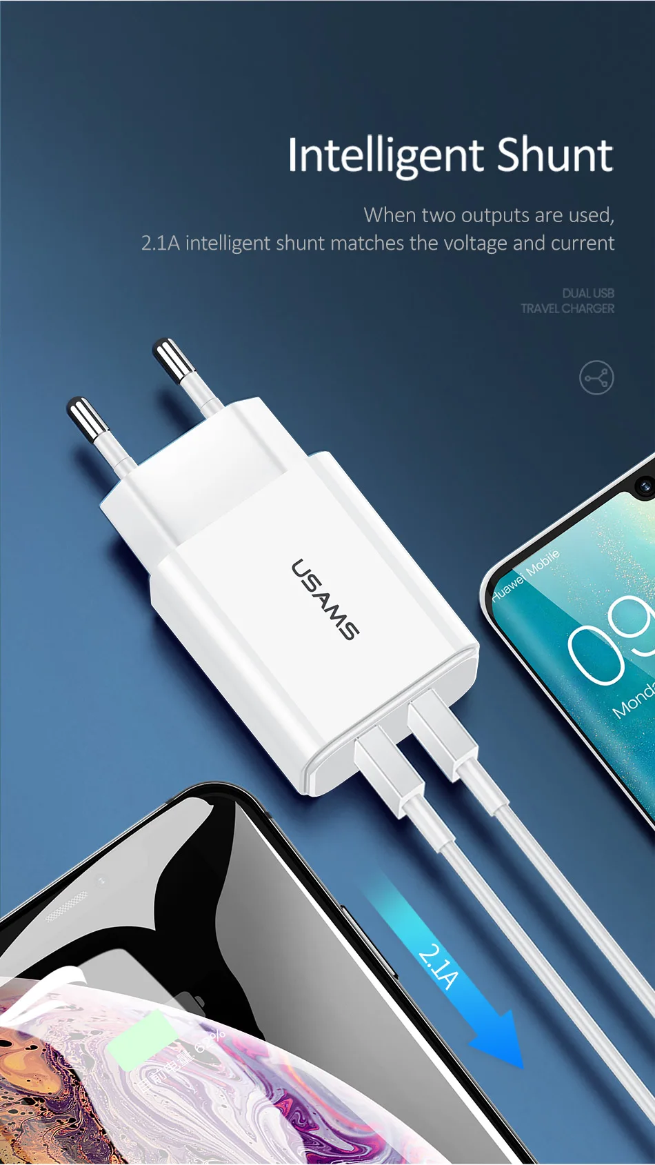 USAMS 5 В/2.1A USB зарядное устройство для мобильного телефона зарядное устройство для iPhone samsung 1 2 USB EU/US вилка настенное зарядное устройство для iOS/Android телефон зарядное устройство s