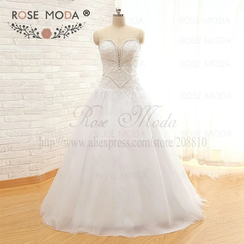 Иллюзионное свадебное платье с глубоким сердечком и жемчугом кружевной корсет