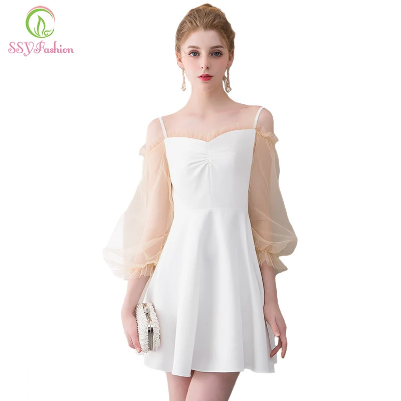 SSYFashion Новые простые Короткие коктейльные платья белые мини Вечерние с длинными