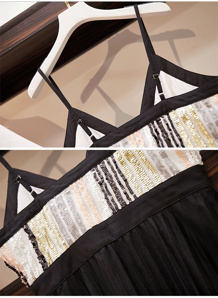 Summer Dress Two Piece Set Woman Mid Long T-Shirt+ Sling Sequins Patchwork Gauze Skirt Lady Girls Skirts Set Blue Black