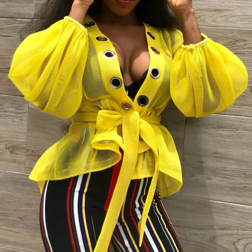 Женская прозрачная блузка с длинными рукавами фонариками ярко желтая в