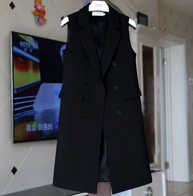 Однотонный длинный костюм жилет для женщин двубортный жакет с отложным