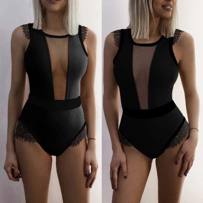 Женский кружевной сетчатый комбинезон без рукавов облегающий костюм купальник