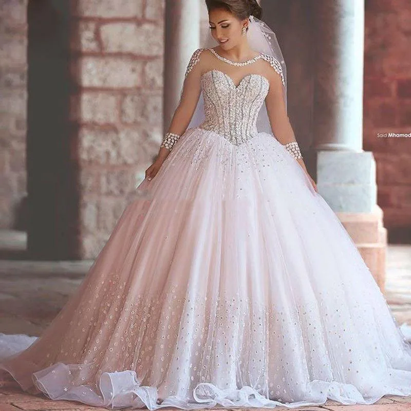 

Luxury Romantic Sheer Long Sleeves Wedding Dress Ball Gown Crystal Beaded Shining Princess Bridal Gowns Vestidos De Noiva