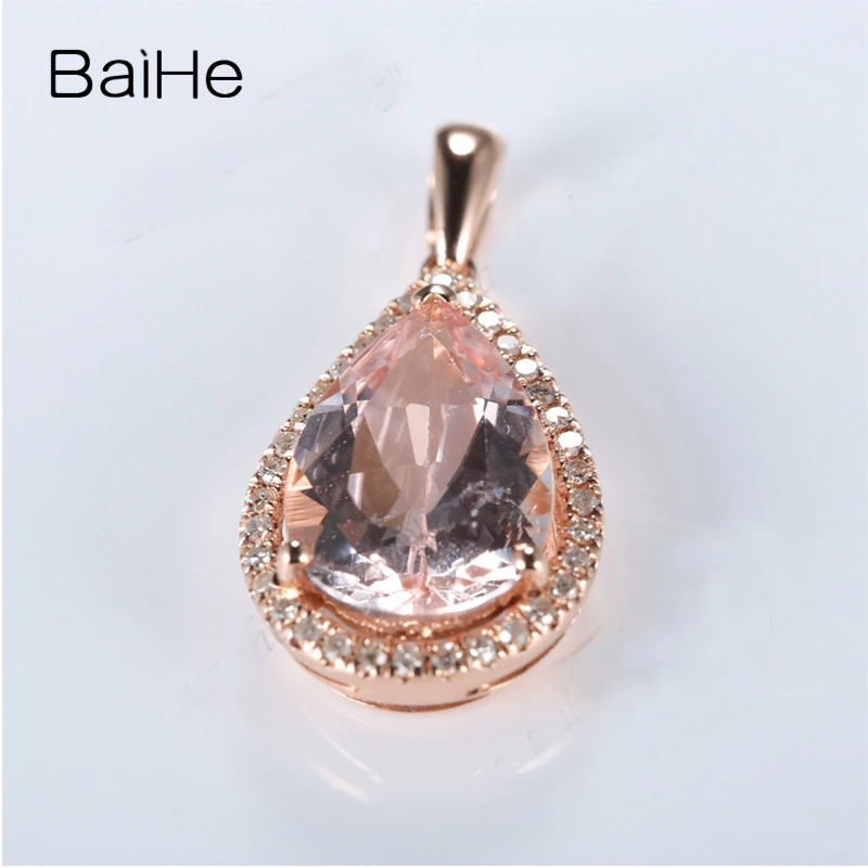 

BAIHE SI/H Natural Diamonds Solid 14k Rose Gold Pendant 12X8mm Pear Genuine Morganite Gift Fine Jewelry Morganite Pear Pendant