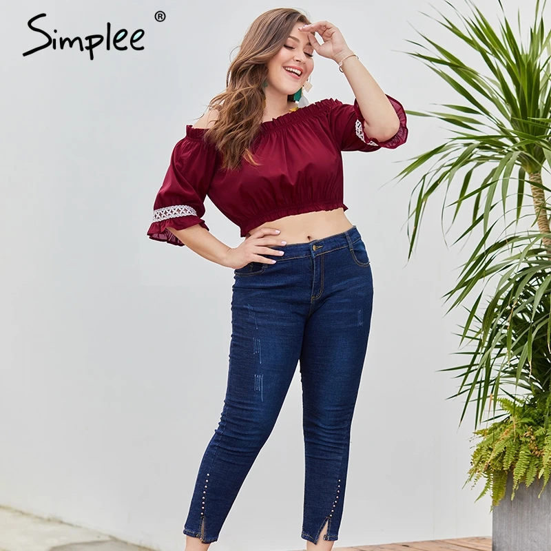 Simplee плюс размер элегантный slash шеи Женский Топ рубашка с коротким рукавом