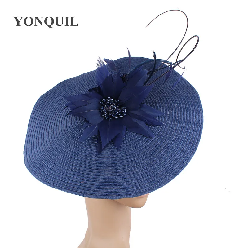 

New Navy Blue Vintage Millinery Hats Feather Flower Church Fascinators Headbands Hair Accessories Wedding Event Floral Headwear