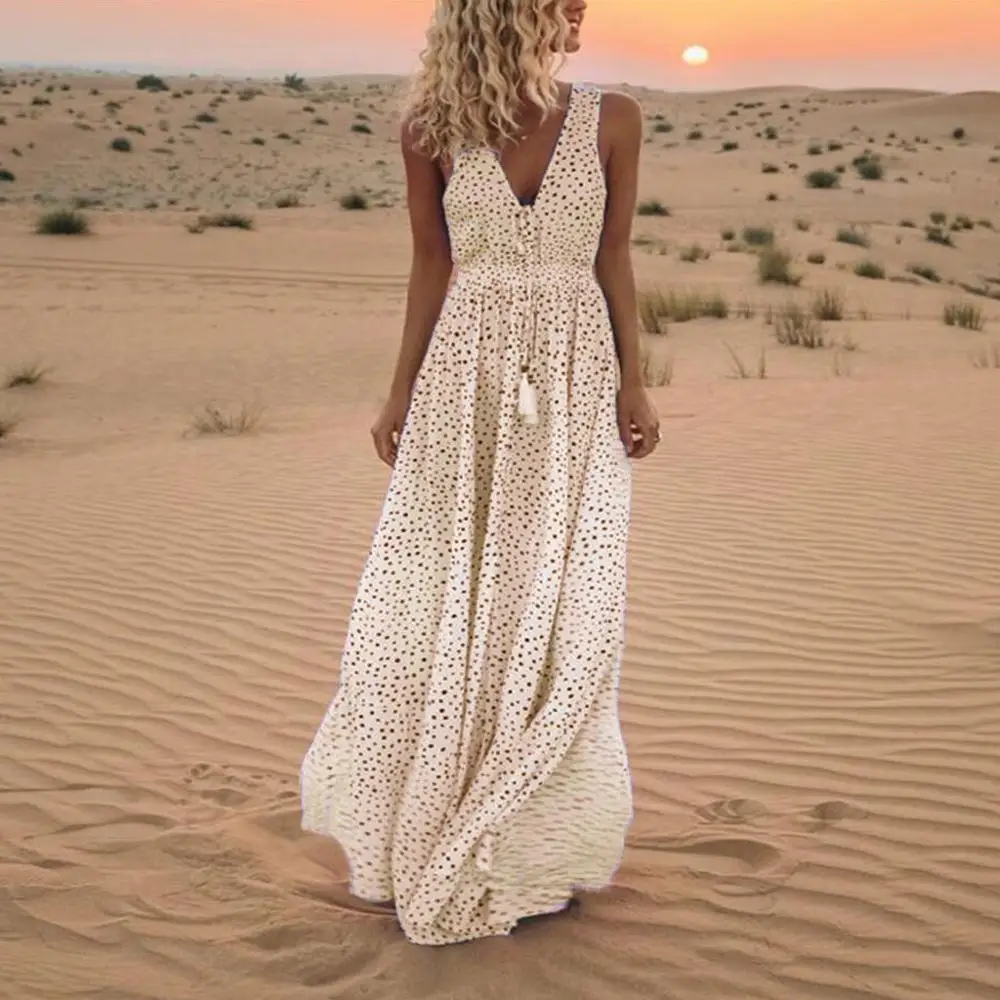 Женское платье 2019 богемное летнее vestidos De Festa без рукавов в горошек с кисточками