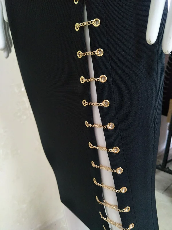 Женщины без рукавов спинки до колена Длина Холтер Черный район Bodycon бинты Dress