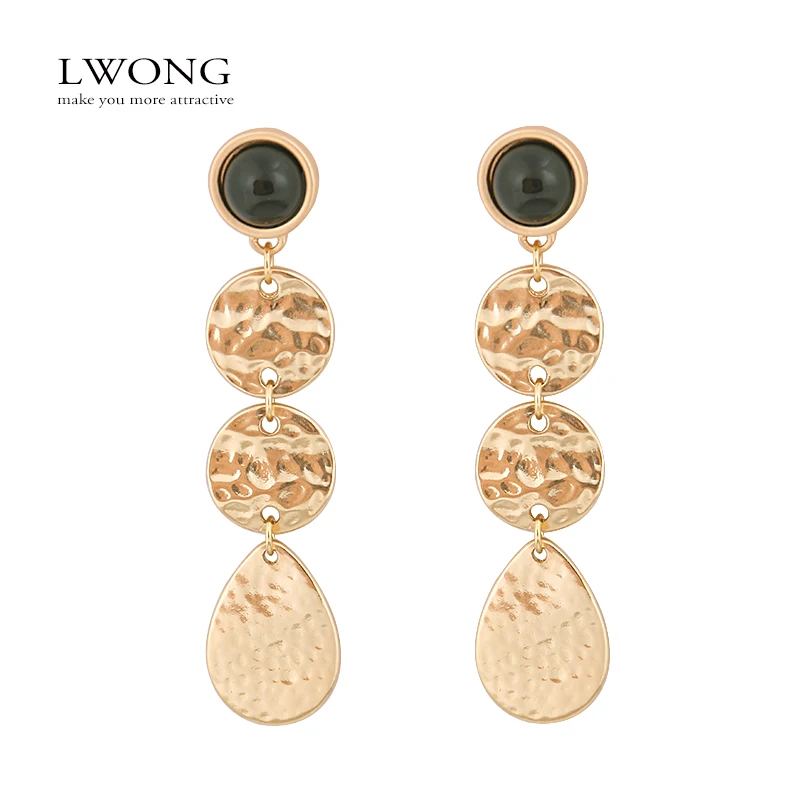 

LWONG Black Stone Metal Dangle Earrings for Women Hammered Coin Disc Drop Earrings Ethnic Long Earring Jewrlry Pendientes Largos