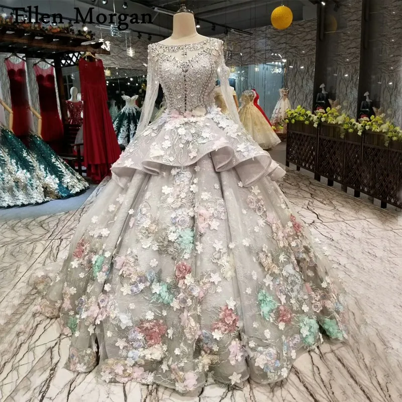 Серое кружевное бальное платье Свадебные платья 2019 Vestido De Noiva с длинными рукавами