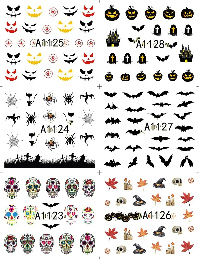 12 листов переводные наклейки на ногти с черепом Пауком черной кошкой ведьмой |