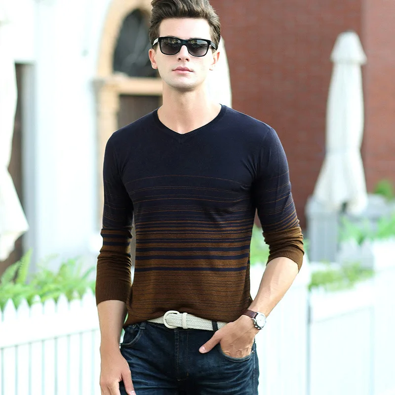Мужской Хлопковый свитер с V образным вырезом в полоску|mens striped sweater|cotton sweater menmens