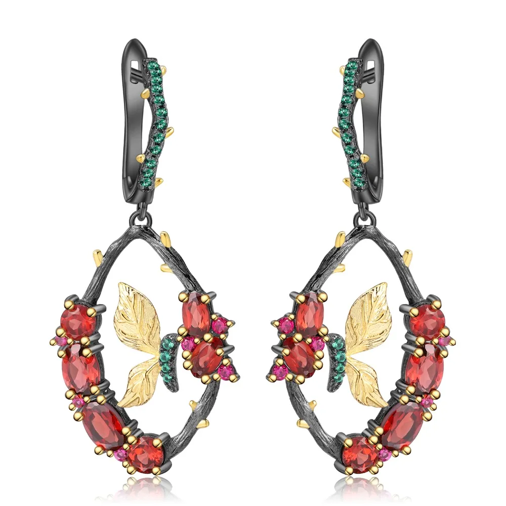 

GEM'S BALLET 5.13Ct Natural Garnet Gemstone Earrings 925 Sterling Silver Handmade Branch Butterfly Drop Earrings for Women