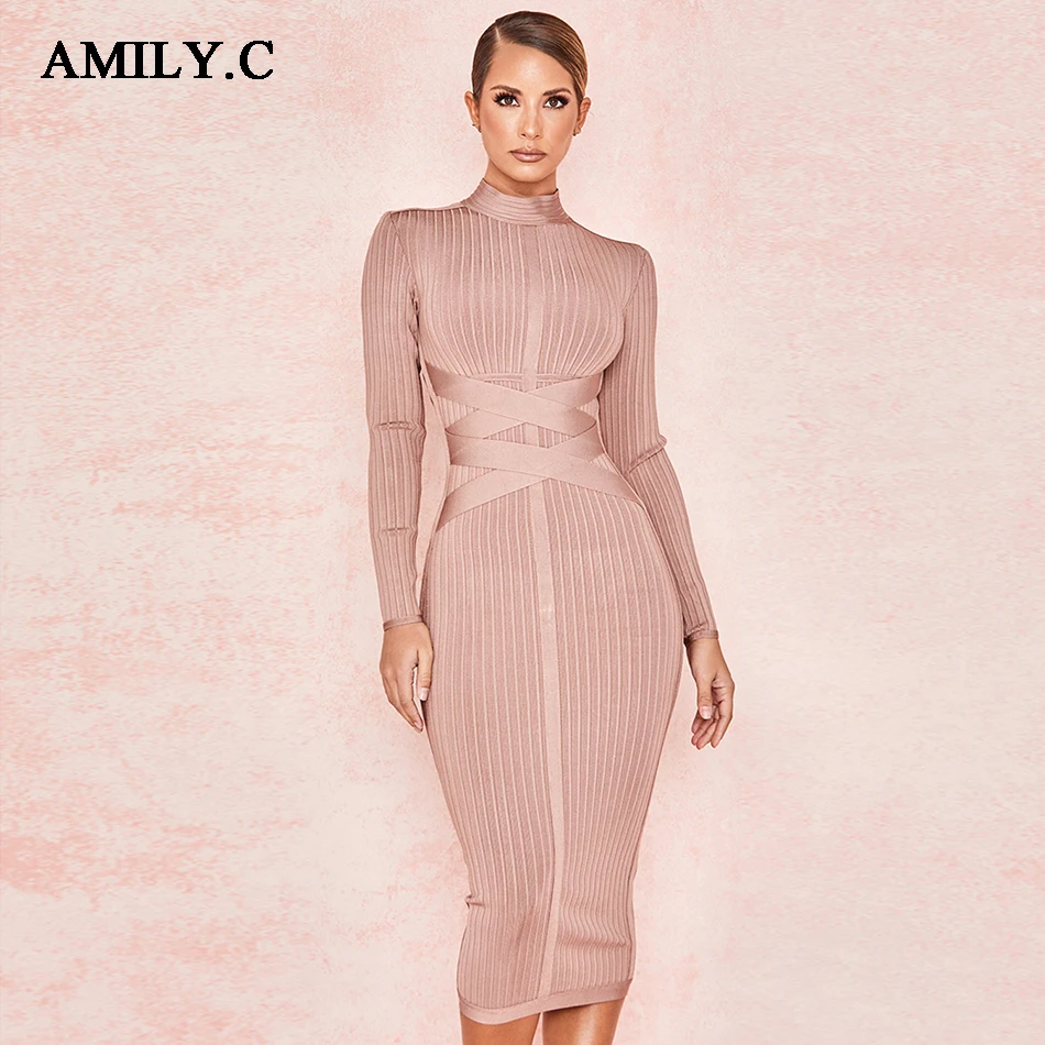 Женское Бандажное платье Amily.c 2020 сексуальное облегающее с высокой горловиной