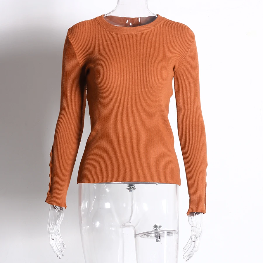 Пуговицы вязаные свитера Для женщин 2018 модные с круглым вырезом и длинными