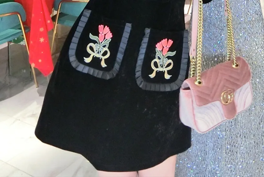 New 2018 Women Dress Designer Runway Black Velvet Embroidery Floral Long Sleeve Vintage Beading Bow Peter Pan Collar Party | Женская