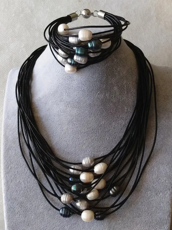 Уникальный жемчужный ювелирный магазин 15 нитей черный цвет кожаный шнур