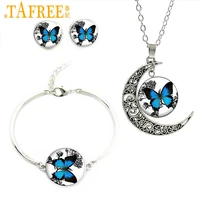 tafree romantic white and blue butterfly art picture glass necklace stud earrings bracelet jewelry set for wedding gifts js136