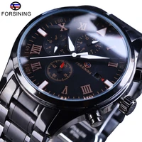forsining black stainless steel maltifuction calendar display liminous display mens watch top brand luxury automatic wristwatch