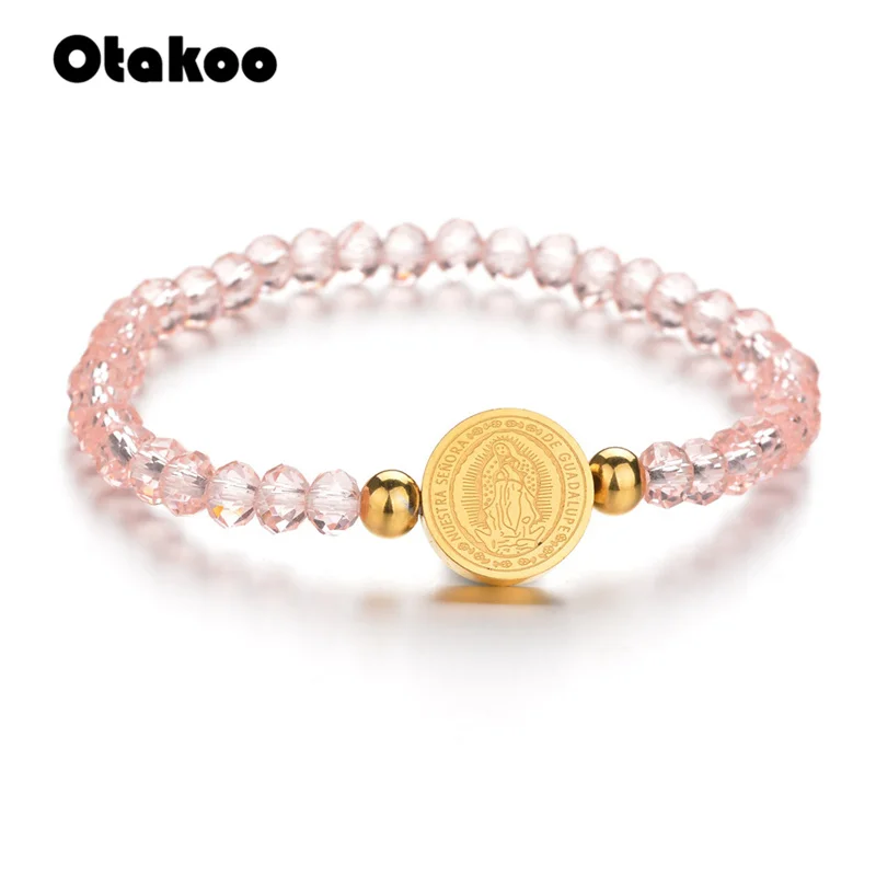 Otakoo религиозный Розовый Голубой Цвет бусины девственный браслет Mary Нержавеющая сталь Шарм католические Браслеты для женщин подарок для матери