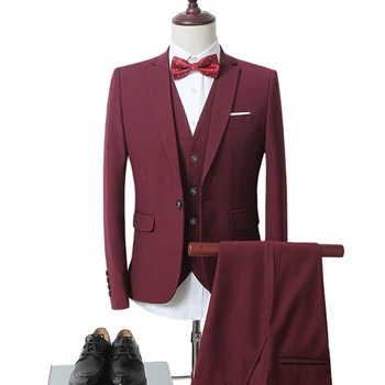 Wine Red Новая мужская куртка+ жилет+ брюки на заказ свадебный смокинг Свадебные костюмы мужской костюм Veste De Loisir пиджаки с лацканами с разрезом костюмы - Цвет: Wine Red