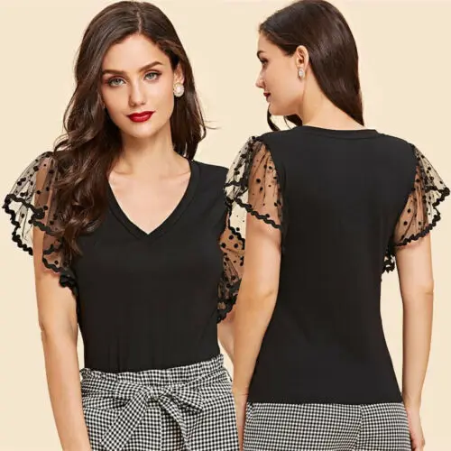 Женская Повседневная футболка с v образным вырезом черная однотонная Кружевная