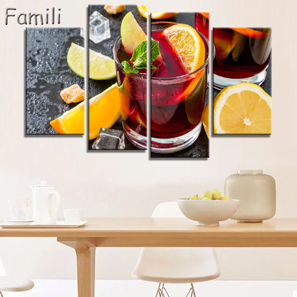 

4Panels Modern Cartoon fruit strawberry ice cream Canvas Painting Wall Art Picture For restaurant Home Decor no framed