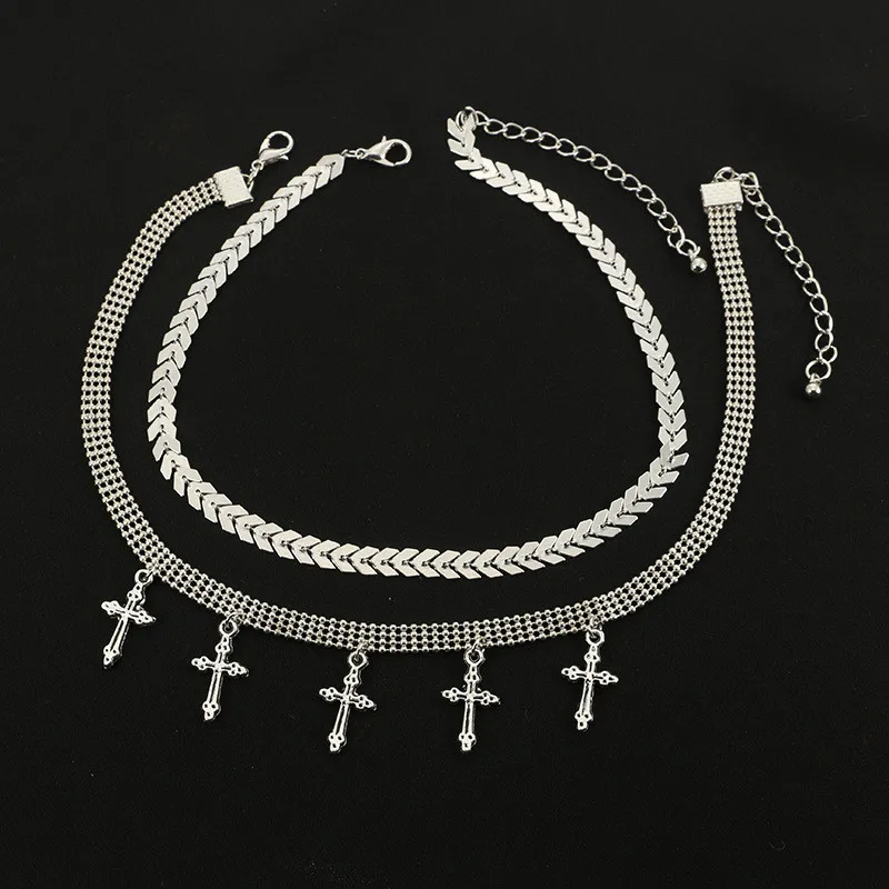 

Lovely Double Layer Cross Arrow Pendant Necklace Beads Hollow Silver Color Chain Necklace For Women Wedding Gift