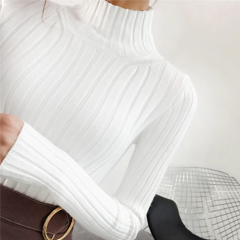 2019 White turtleneck sweater and semi small fresh female short thick slim tight long sleeved all-match knitted shirt | Женская одежда