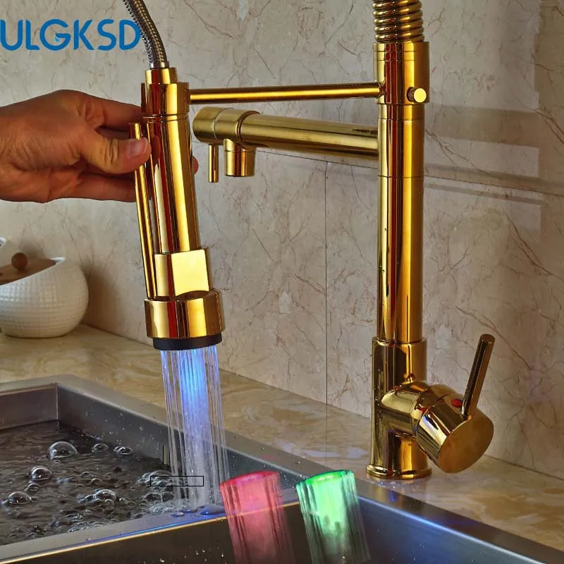Ulgksd Золотой светодиодный нажимной разбрызгиватель кухонный кран гибкий пружинный на бортике кран для раковины Смеситель водопроводный кран для кухни