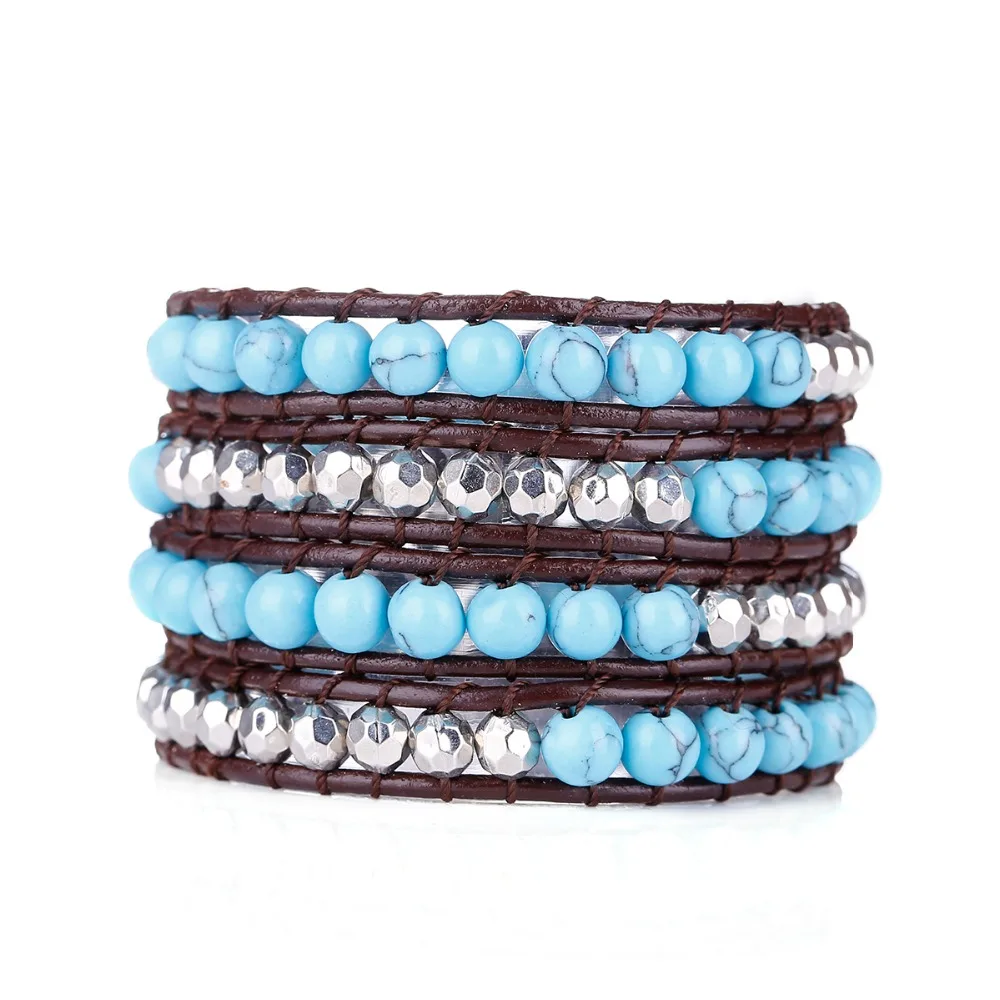 Эксклюзивный браслет Fyla Mode с синим камнем из бисера кожаный серебряными бусинами