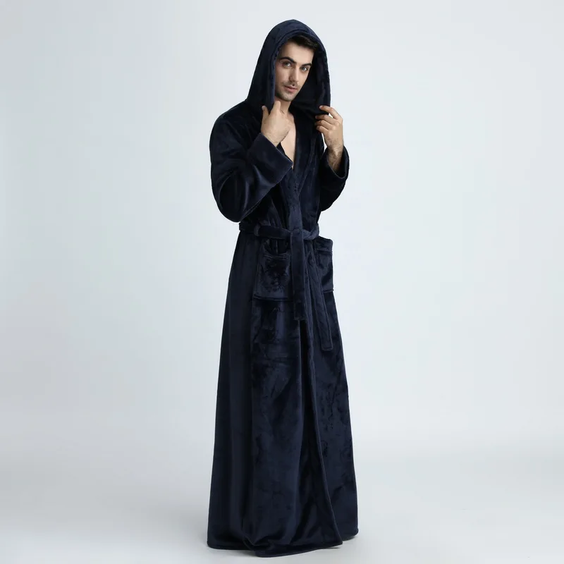 Navy blue Men Теплый фланелевый Халат с капюшоном для женщин и мужчин, очень длинный теплый зимний банный халат, халат для подружки невесты - Цвет: Navy blue Men