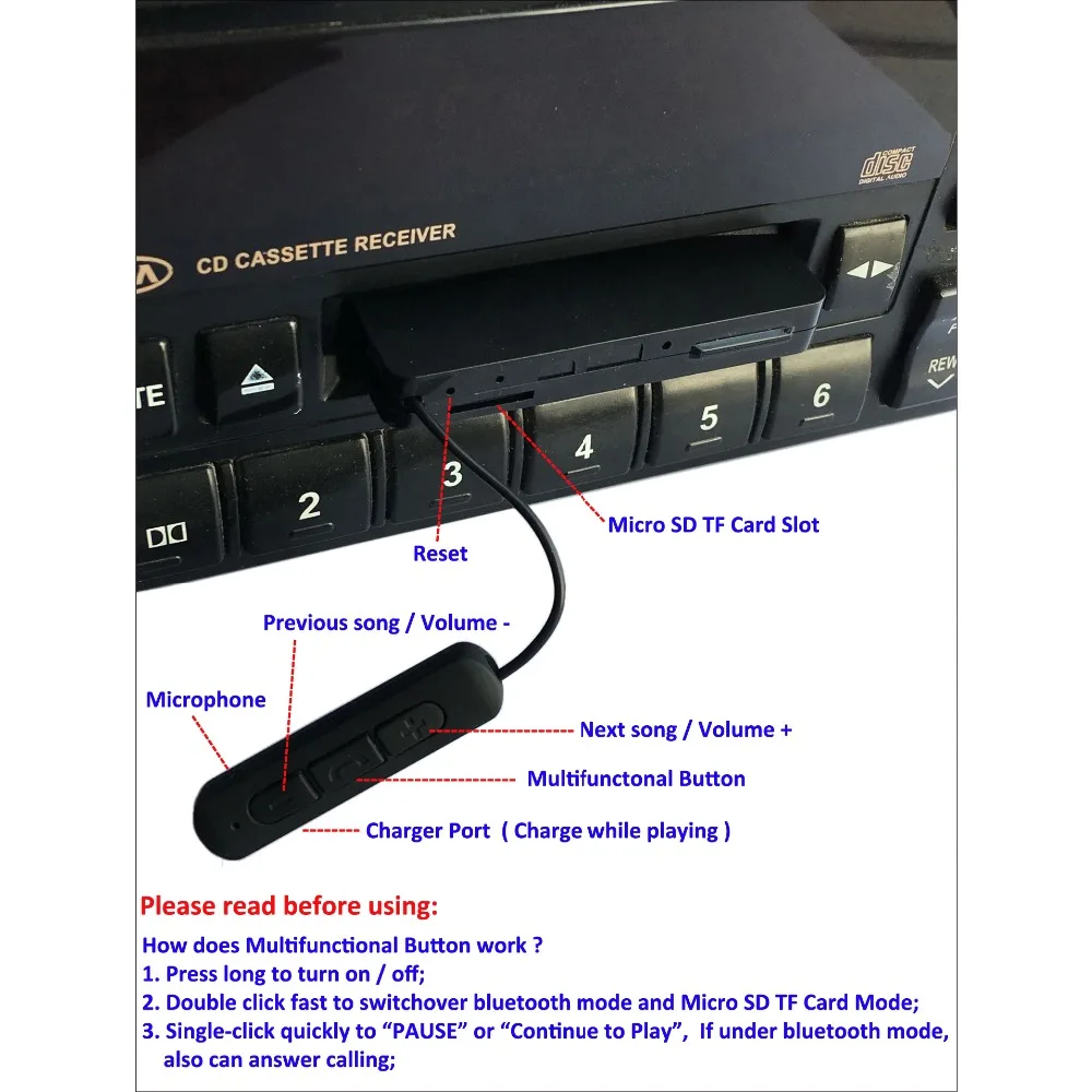 Многофункциональный автомобильный Bluetooth Кассетный адаптер V4.1 музыкальный