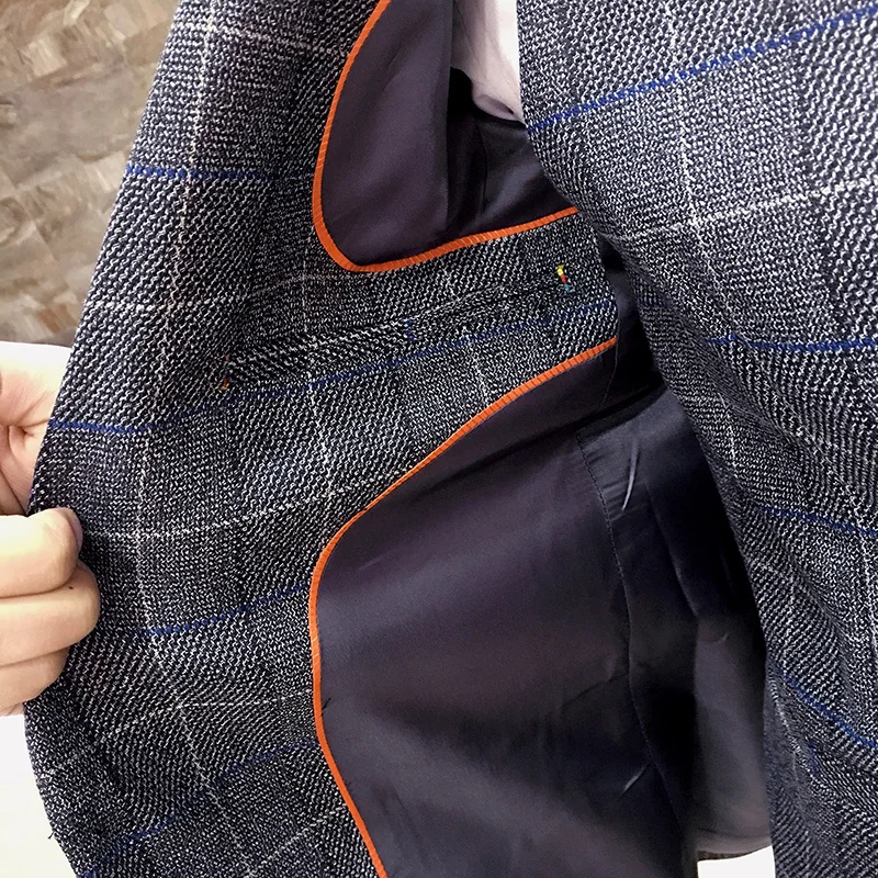 

( Jackets + Vest + Pants ) Fashion Boutique Plaid Mens Slim Casual Business Suits Groom Wedding Dress Stage Banquet Male Suit