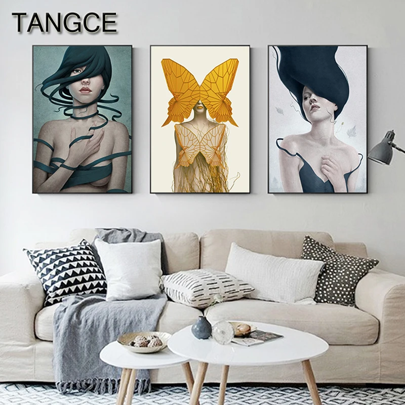 

Abstract Golden Butterfly Girl Painting Nordic Wall Art Cuadros for Living Room Hand Drawn Characters Tableaux Big Poster Print