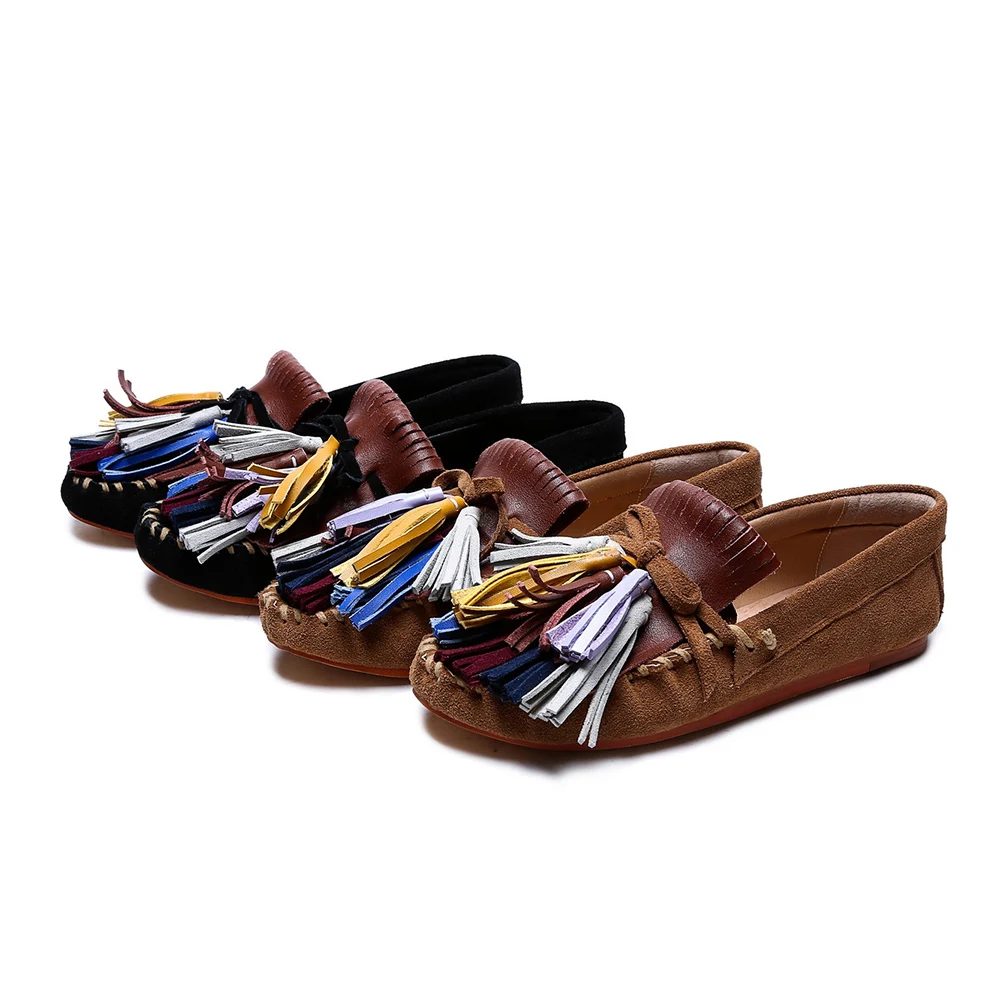 Натуральная кожа женщины свободного покроя обувь полосы кисточкой плоские