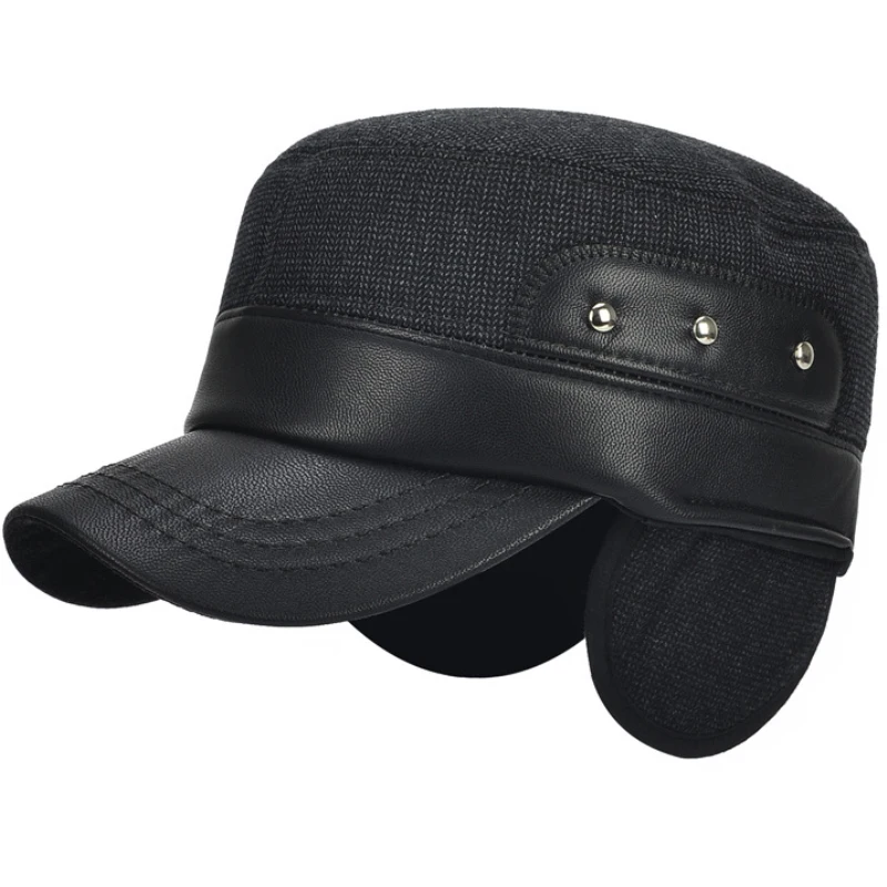 HT1883 PU Leather Brim Men Baseball Caps Winter Hats for Men Thick Warm Snapback Baseball Hats Male Adjustable Dad Caps for Men