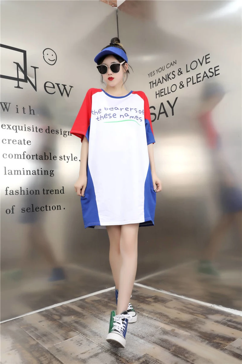 2018 Новое поступление лоскутное контрастного цвета с коротким рукавом Свободные