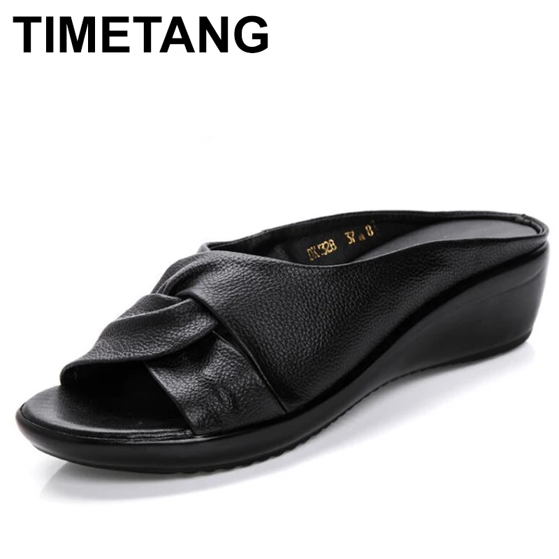 

TIMETANG Summer New Leather Wedges Sandals Comfort Mother Shoes Woman Platform Flip Flops Slip On Creepers Flats C195