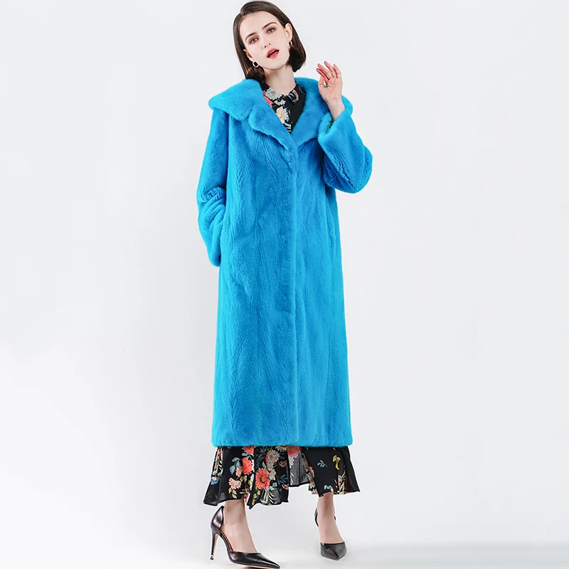 Ftangaiur Winter Jacket Import Velvet Mink Fur Coat Turn-Down Collar Solid Causal Coats Women's X-Long Real | Женская одежда
